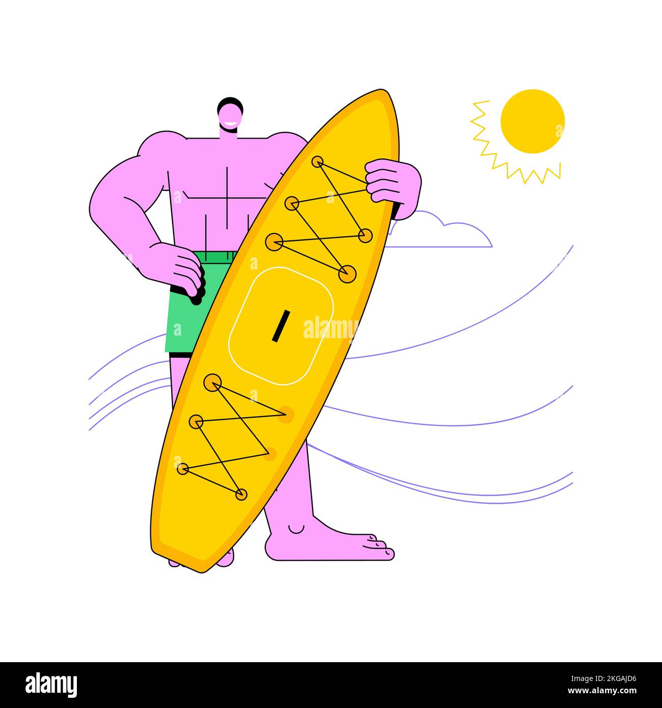 Paddle board noleggio isolato cartoni animati illustrazioni vettoriali.  Felice giovane uomo in possesso di un paddle board noleggio, a piedi sulla  spiaggia, attività ricreative, attrezzature all'aperto vettore cartoni  animati Immagine e Vettoriale -