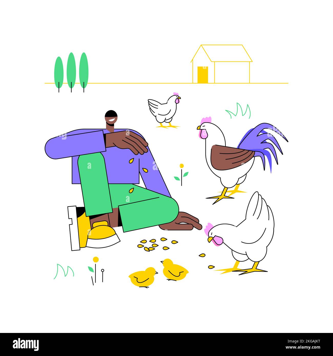 Animali senza gabbia viventi illustrazioni vettoriali isolate di cartoni animati. Agricoltore con polli sul campo, agricoltura moderna, agricoltura biologica, allevamento di pollame, attività ranch cartoni animati vettoriali. Illustrazione Vettoriale