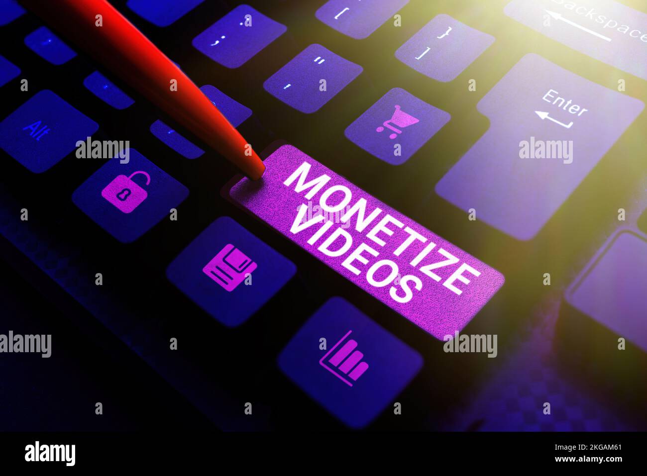 Visualizzazione concettuale Monetizza video. Processo concettuale su Internet per guadagnare denaro dai tuoi video di YouTube caricati Foto Stock