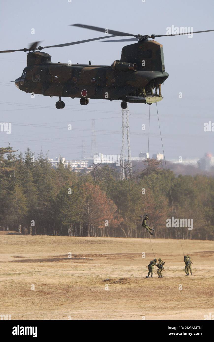 Prefettura di Chiba, Giappone - 10 gennaio 2010: Paracadutisti della forza di autodifesa di terra del Giappone che girano velocemente da un elicottero pesante CH-47J Chinook. Foto Stock
