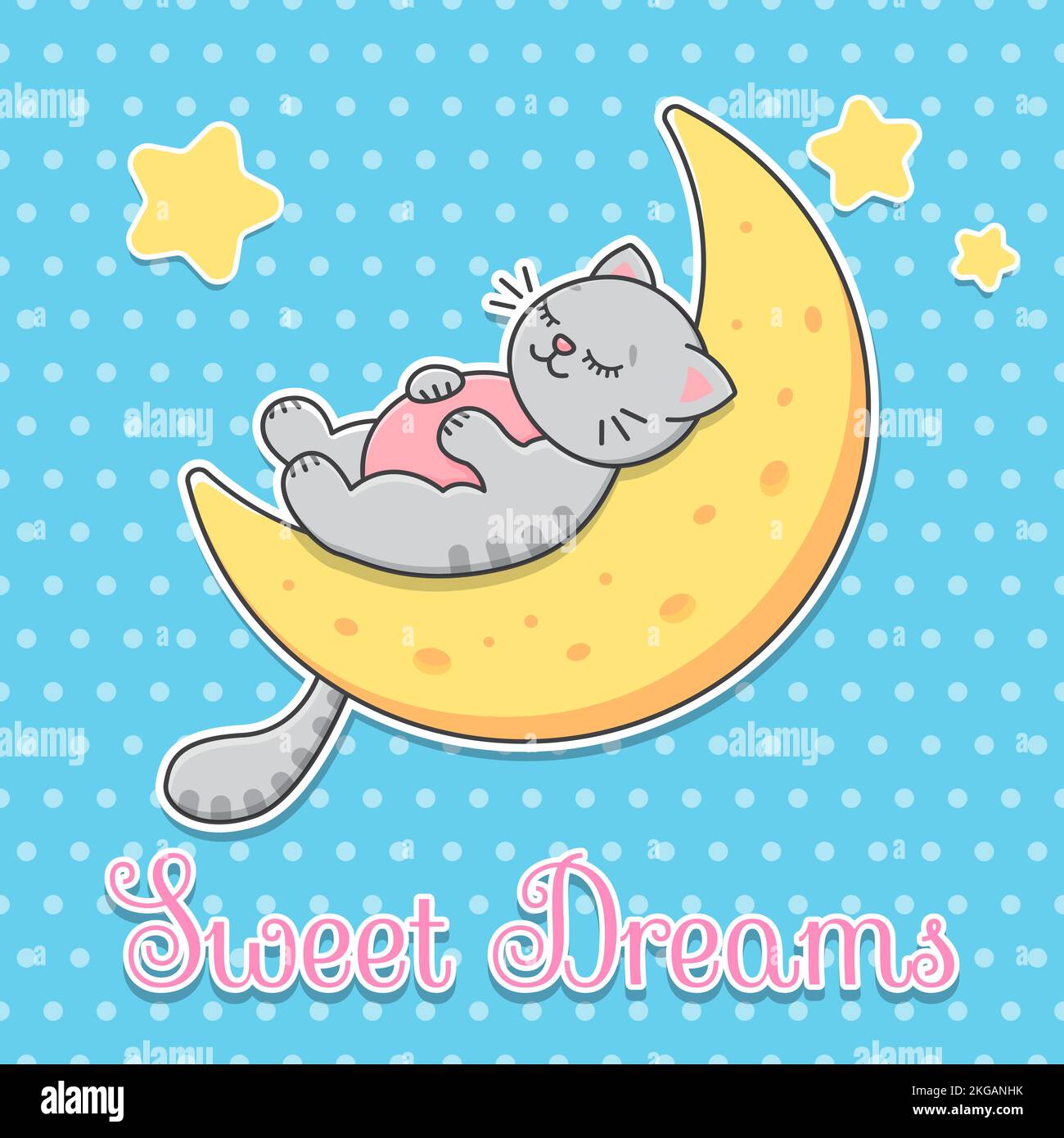 Cartolina sogni dolci. Il gatto dorme sulla Luna carino semplice vettore piatto.. Illustrazione Vettoriale