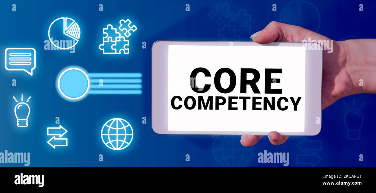 Visualizzazione concettuale competenza principale. Parola per una combinazione armonizzata di più risorse e competenze Foto Stock