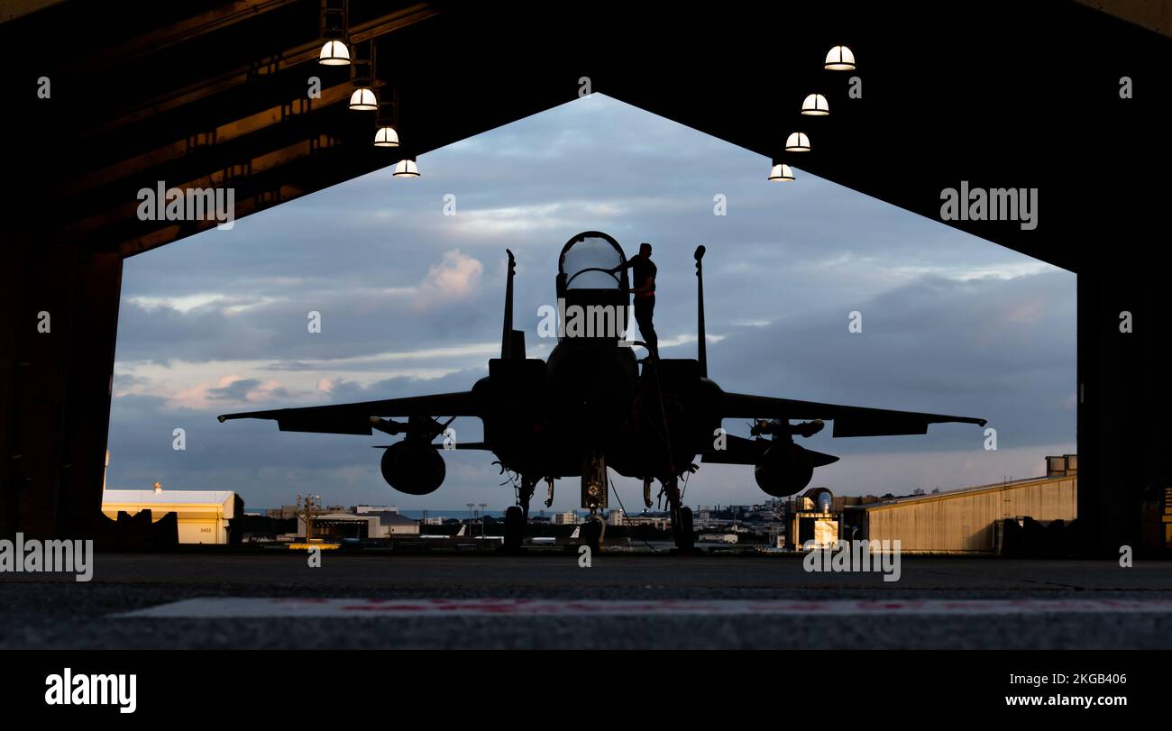 STATI UNITI Air Force Airman 1st Class Christopher Rowley, 67th capo equipaggio unità di manutenzione velivoli, pulisce la tettoia di un F-15C Eagle in preparazione di una dimostrazione di capacità velivoli su Kadena Air base, Giappone, 22 novembre 2022. La capacità di Kadena di generare rapidamente la forza aerea statunitense è una funzione vitale della sua missione di garantire la stabilità e la sicurezza della regione dell'Indo-Pacifico. (STATI UNITI Foto Air Force di Tech. Michaiah Anthony) Foto Stock