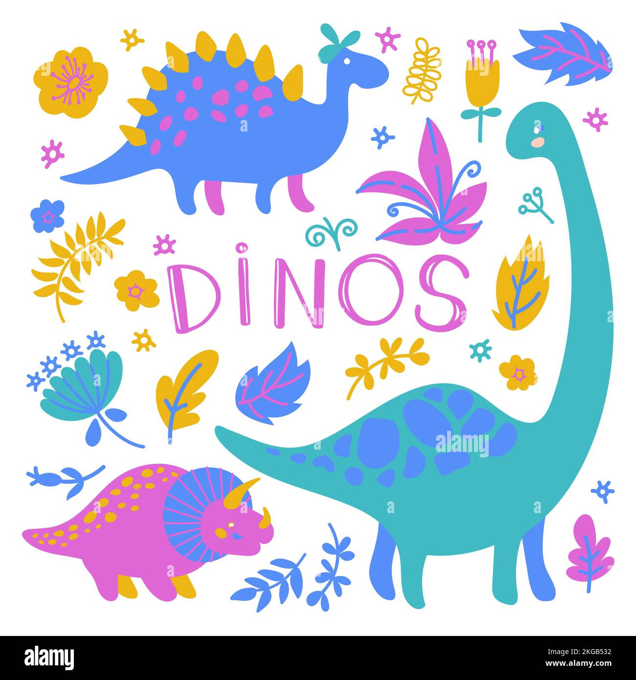 DINOSAURI Animali preistorici e piante floristiche disegnate a mano Design piano elementi cartoon carino coloratissimo Vector Illustration Collection for Print Illustrazione Vettoriale