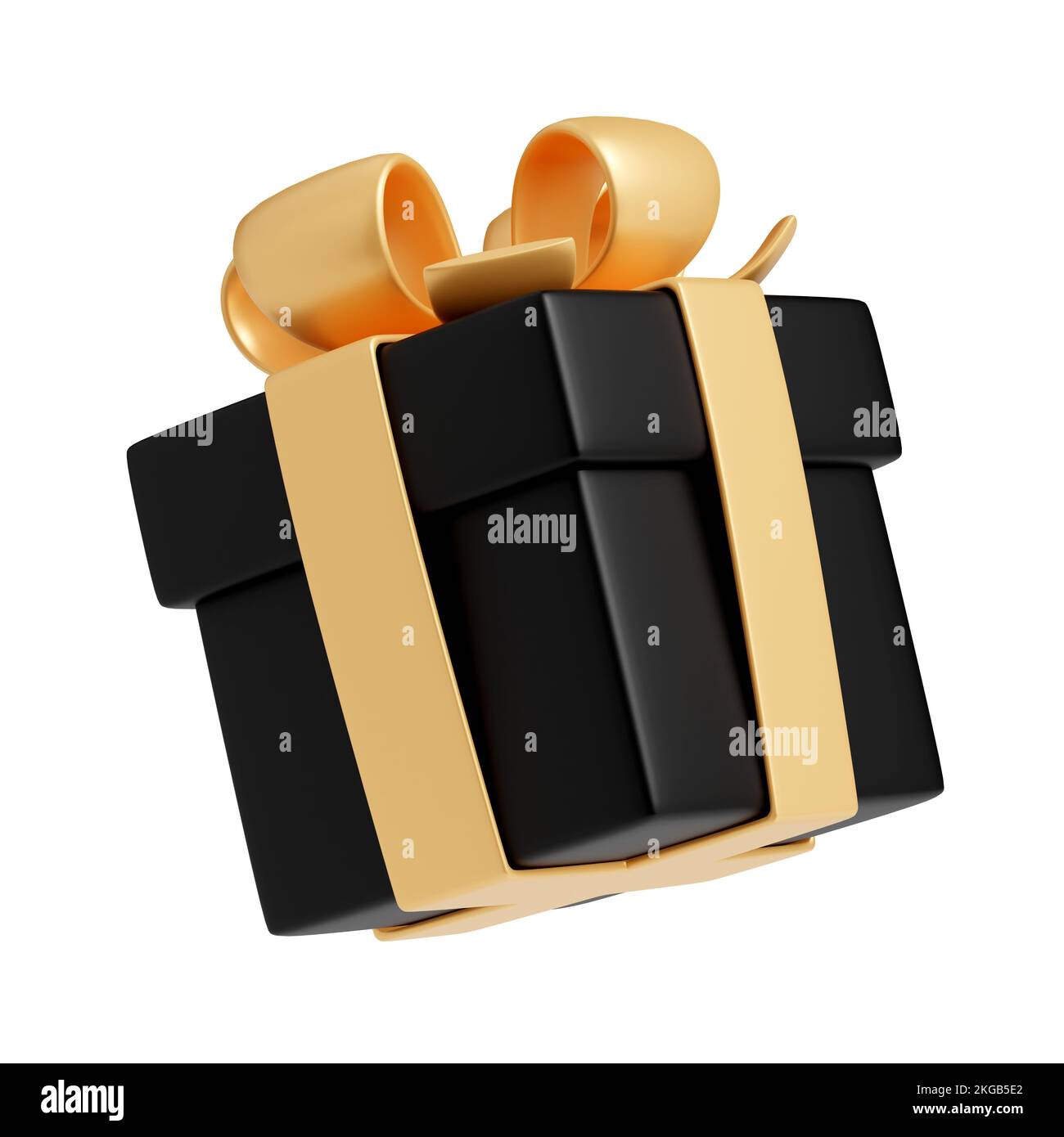 Scatola regalo nera con nastro dorato e arco. Presentare il pacchetto per il compleanno, Natale, vacanze o promozione di vendita Black Friday, 3D rendering illustrazione isolata su sfondo bianco Foto Stock