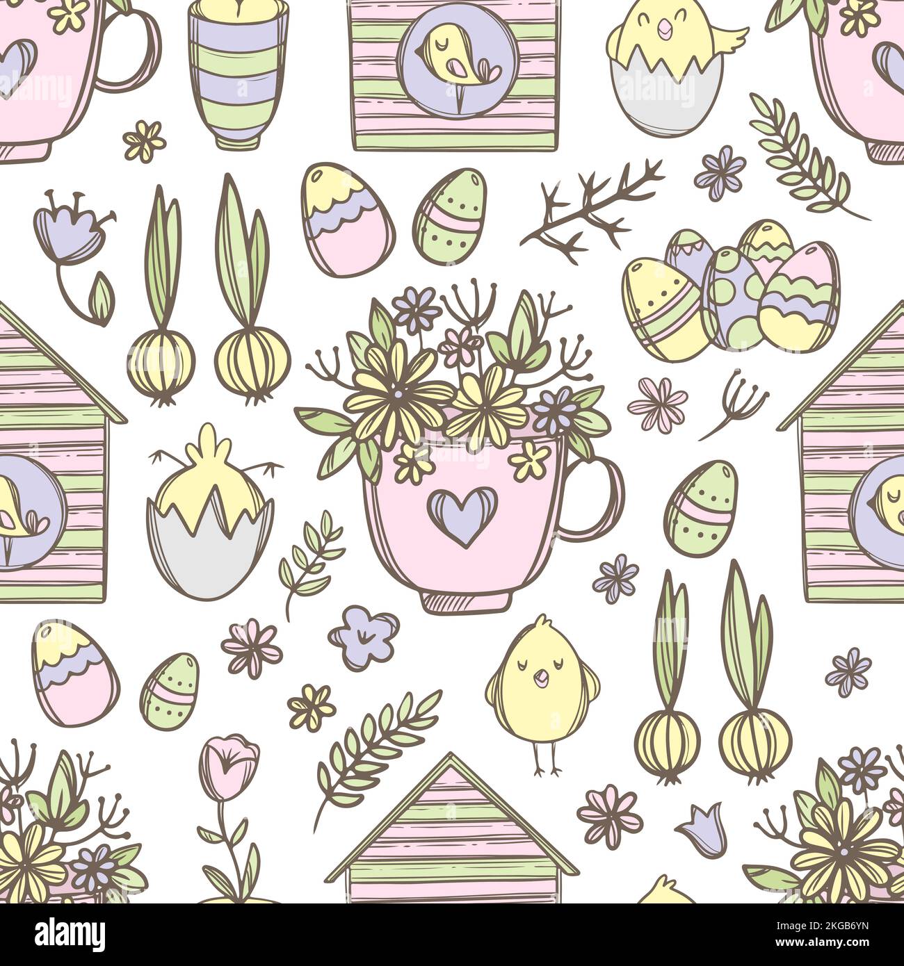 TAZZA DI PASQUA con bocquet di primavera festivo pulcini e birdhouses con uccelli Cartoon disegnato a mano senza cuciture modello Vector Illustration for Print Illustrazione Vettoriale