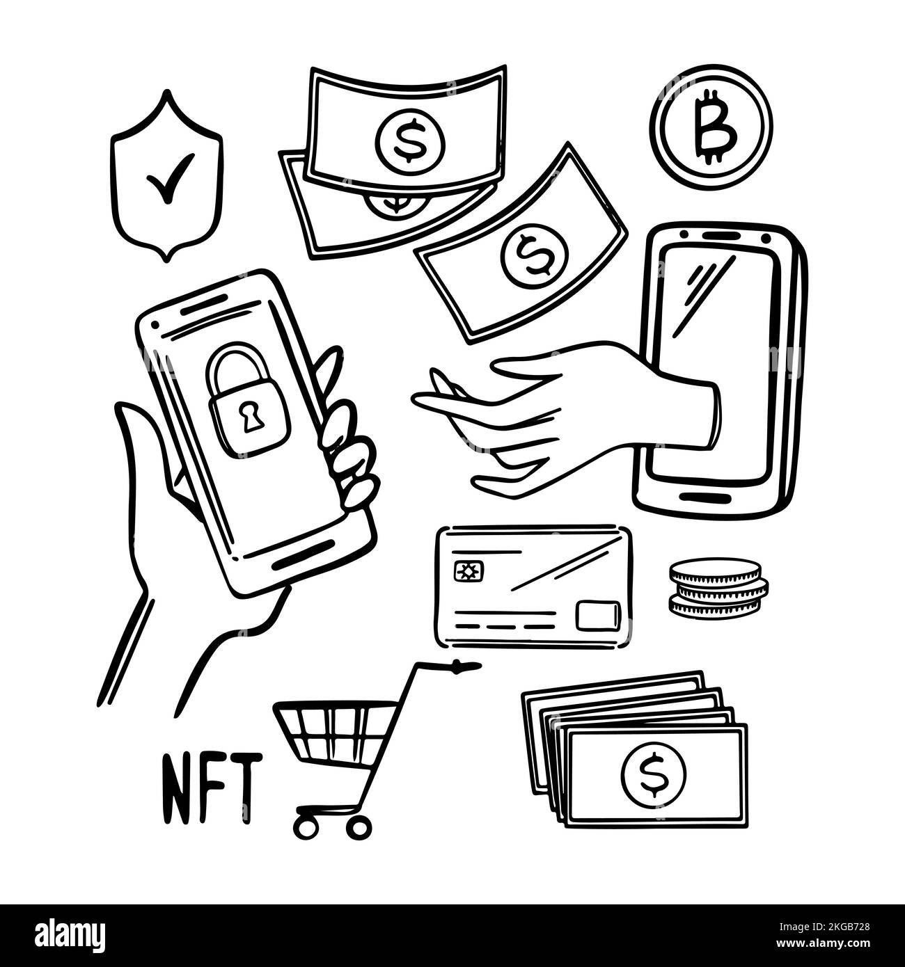 ECOMMERCE Vendita di Arte digitale mercato on-line con non-fungibile Token valuta Blockchain unica tecnologia di rete d'Arte per il commercio virtuale Crypto Store Illustrazione Vettoriale