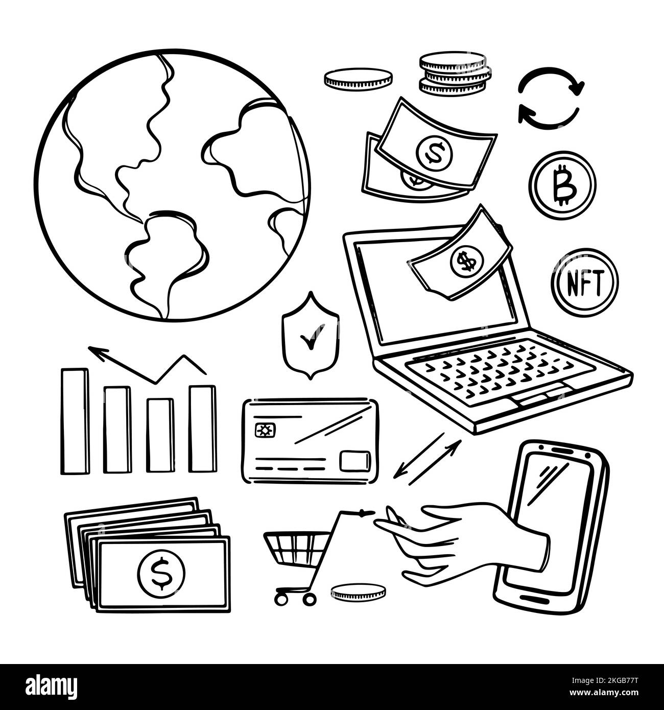 E COMMERCE MONOCROMATICO Set NFT mercato Online Vendita di Arti e opere musicali per Crypto Network Technology per il mercato commerciale con non-fungibile a. Illustrazione Vettoriale