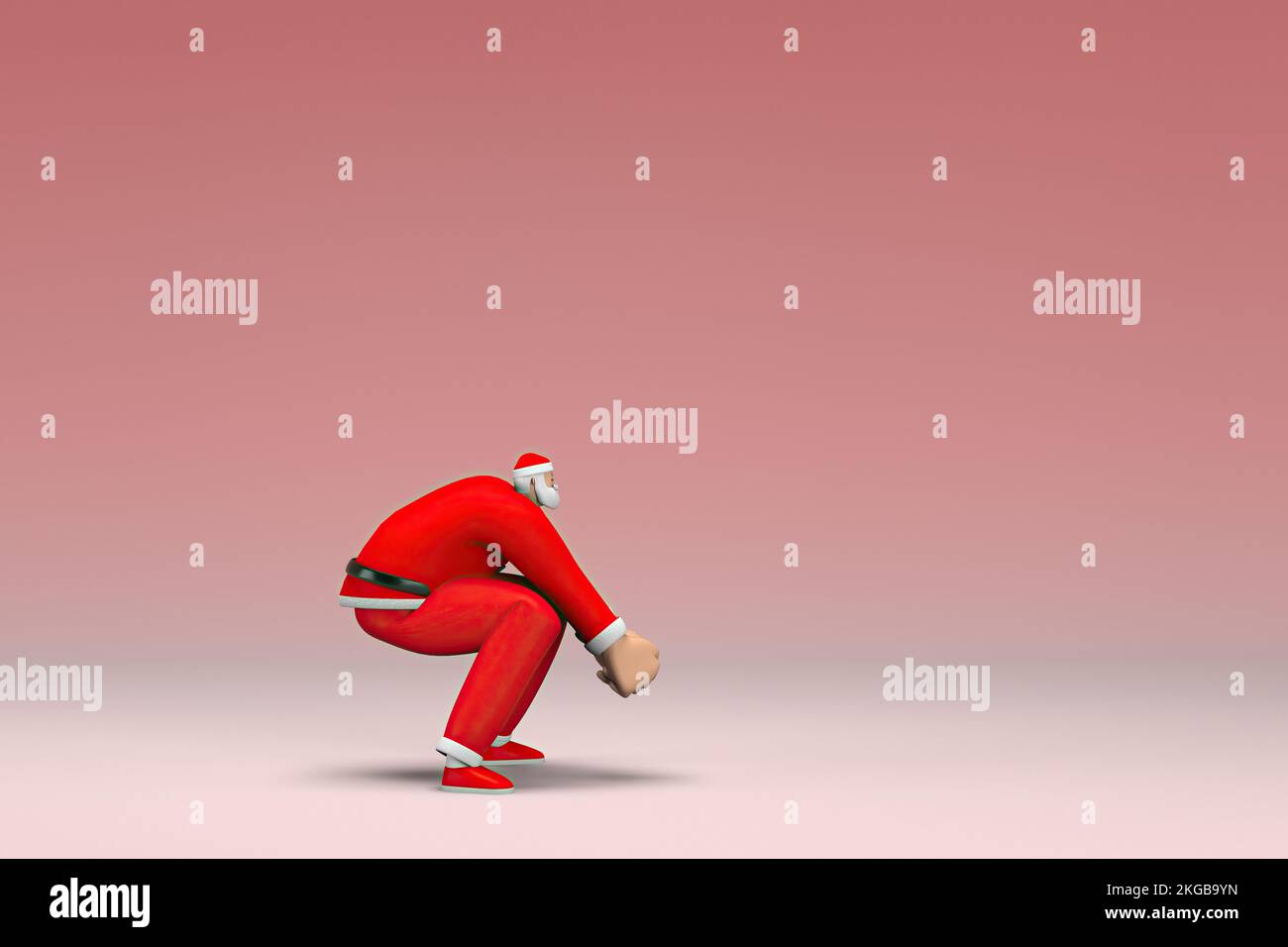 Un uomo che indossa il costume di Babbo Natale. Sta tirando o spingendo qualcosa. 3d rendering del carattere cartoon in recitazione. Foto Stock