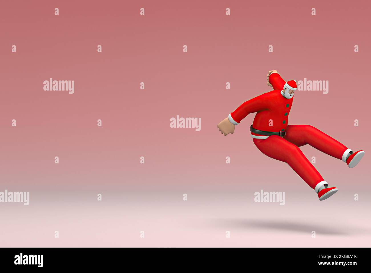 Un uomo che indossa il costume di Babbo Natale sta saltando. 3d rendering del carattere cartoon in recitazione. Foto Stock