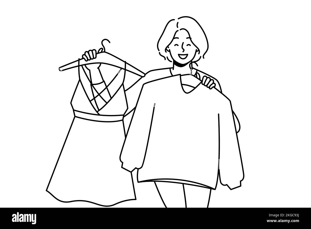Donna sorridente che tiene i vestiti sui grucce sceglie che cosa da portare. Felice donna shopping per i nuovi vestiti in centro commerciale o negozio. Illustrazione vettoriale. Illustrazione Vettoriale
