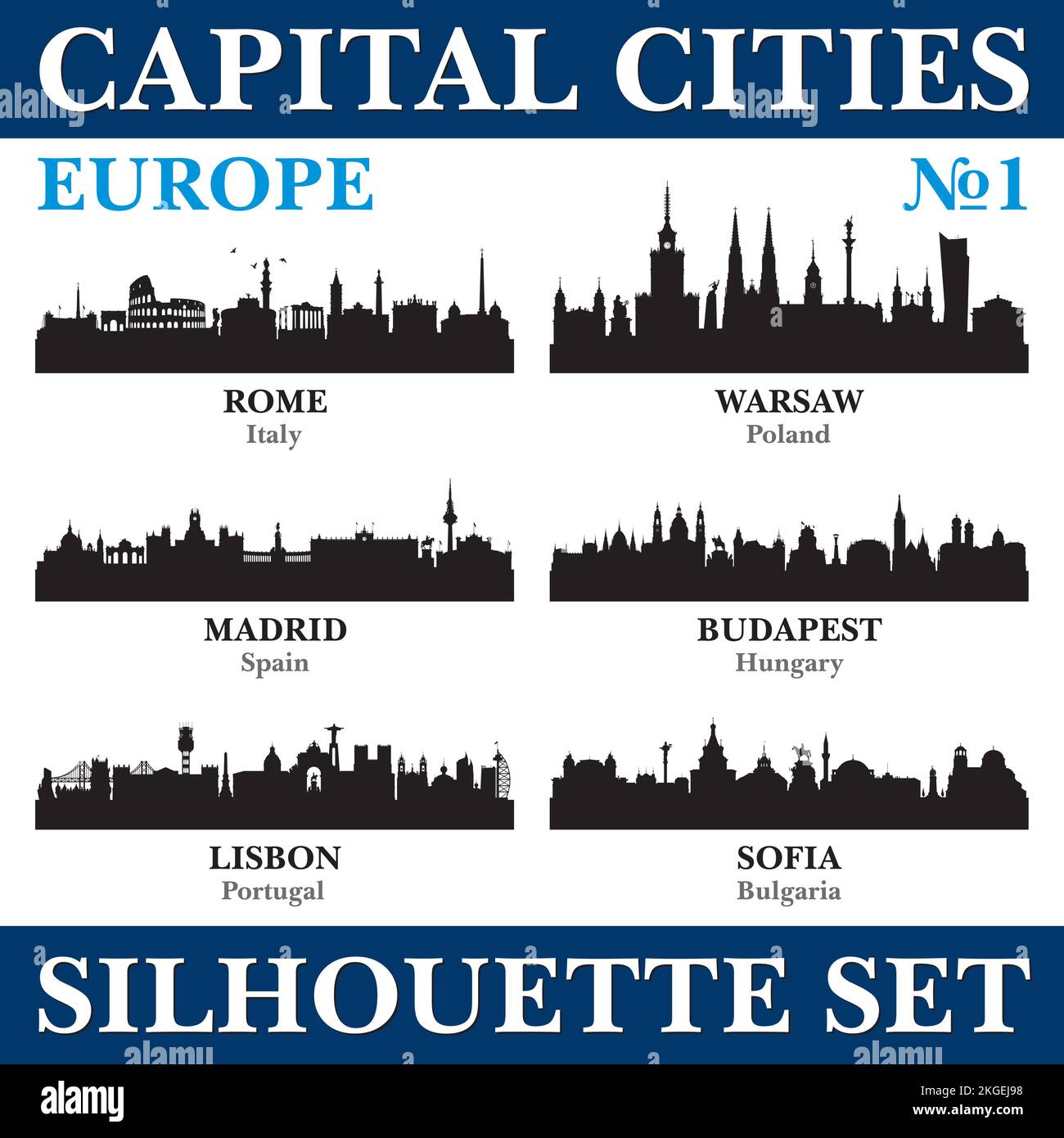 Skyline delle capitali. Europa. Illustrazione dello sfondo della silhouette vettoriale. Illustrazione Vettoriale