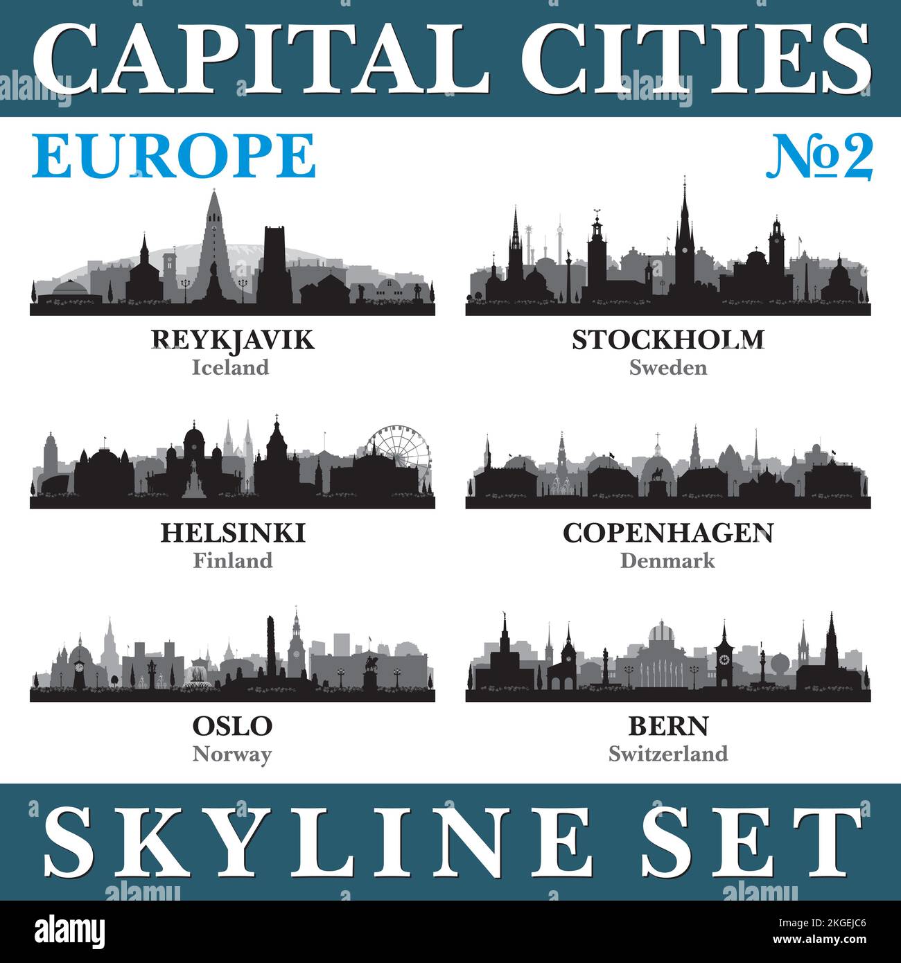 Skyline delle capitali. Europa. Illustrazione dello sfondo della silhouette vettoriale. Illustrazione Vettoriale