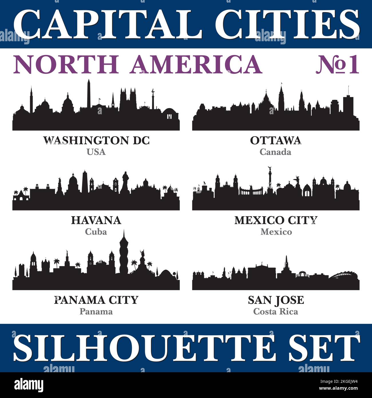 Skyline delle capitali. Nord America. Illustrazione dello sfondo della silhouette vettoriale. Illustrazione Vettoriale