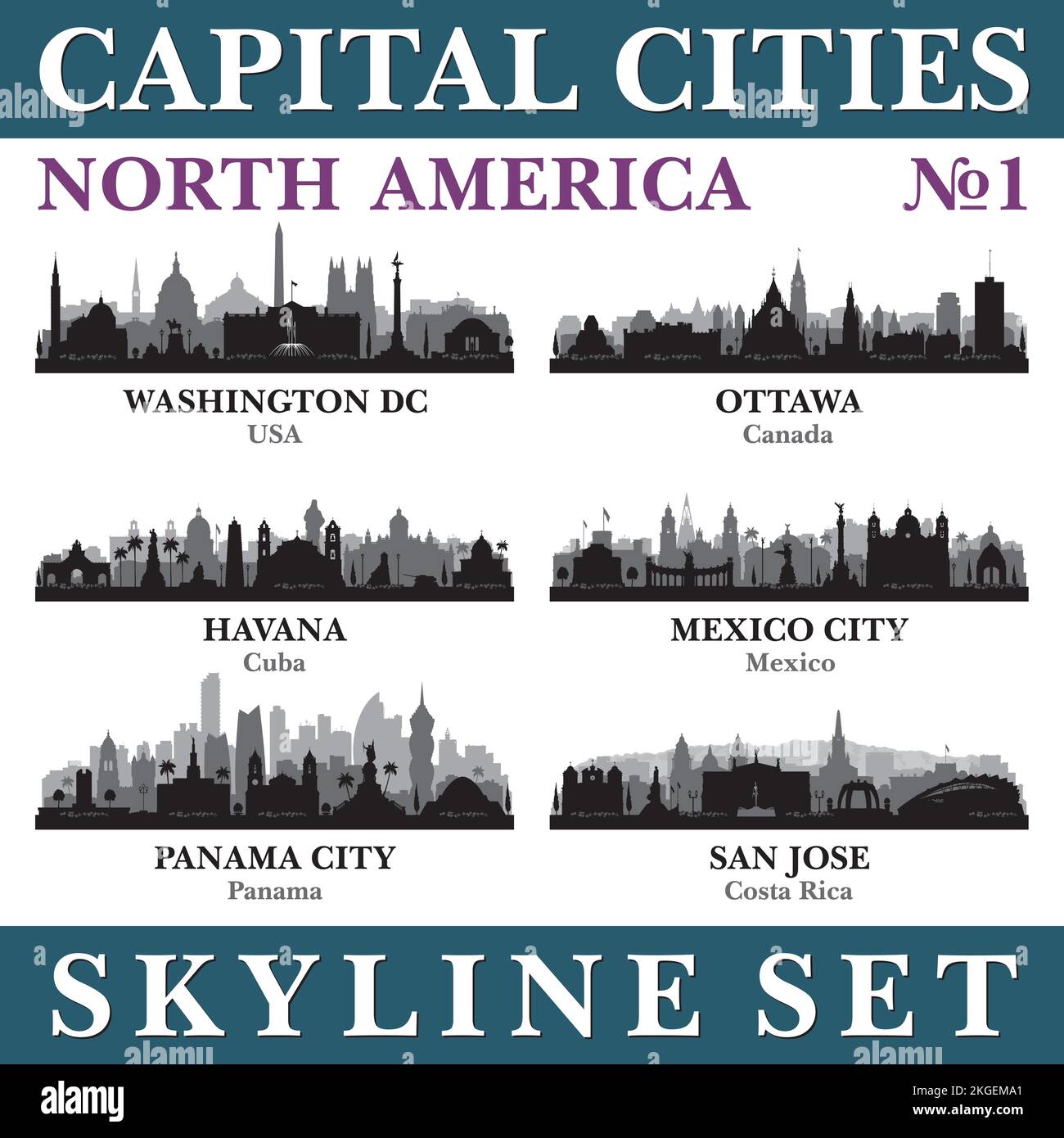 Skyline delle capitali. Nord America. Illustrazione dello sfondo della silhouette vettoriale. Illustrazione Vettoriale