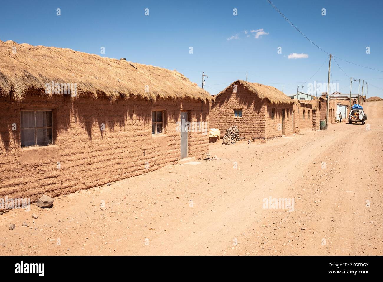 Adobe case sulla comunità Cerrillos in alta pianura boliviana, Bolivia Foto Stock