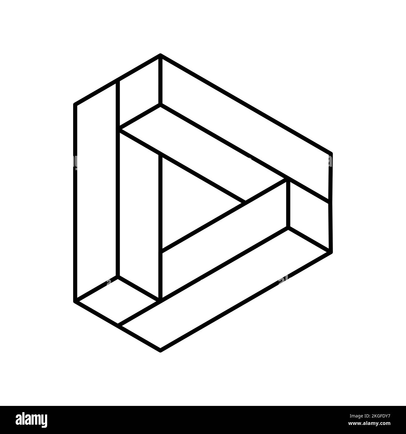 Forma triangolare impossibile. Oggetto triangolare geometrico colorato. Pulsante di riproduzione stilizzato. Modello del logo lettera D. Illusione ottica fatta di rettangoli. 3D Illustrazione Vettoriale