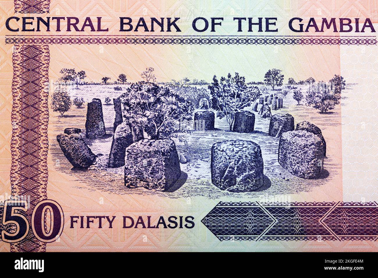 Cerchi di pietra di Wassu da soldi gambiani - dalasi Foto Stock