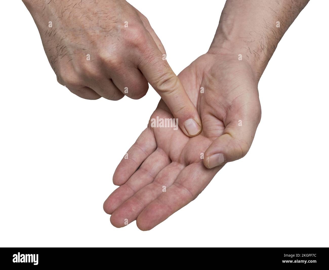 il gesto delle mani di un uomo durante una discussione su uno sfondo trasparente Foto Stock