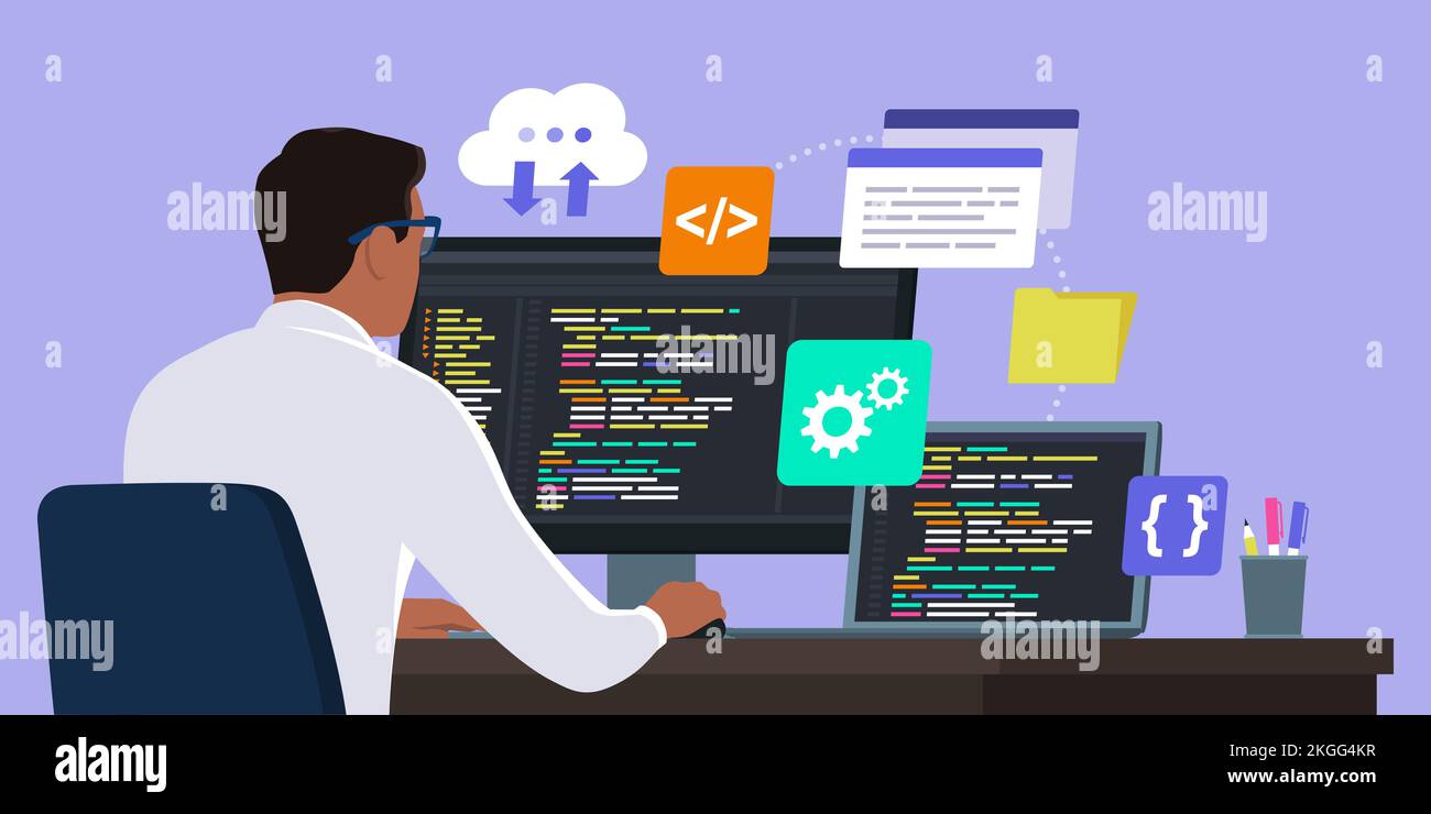 Sviluppatore professionale e ingegnere software seduto alla scrivania e al lavoro, sta controllando il codice e il debug Illustrazione Vettoriale