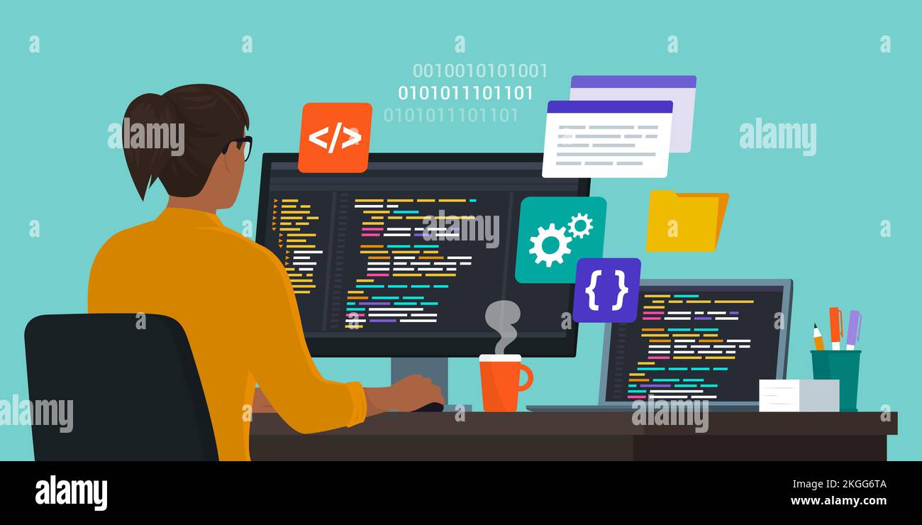 Ingegnere software professionista seduto alla scrivania e al lavoro, sta programmando e controllando il codice Illustrazione Vettoriale