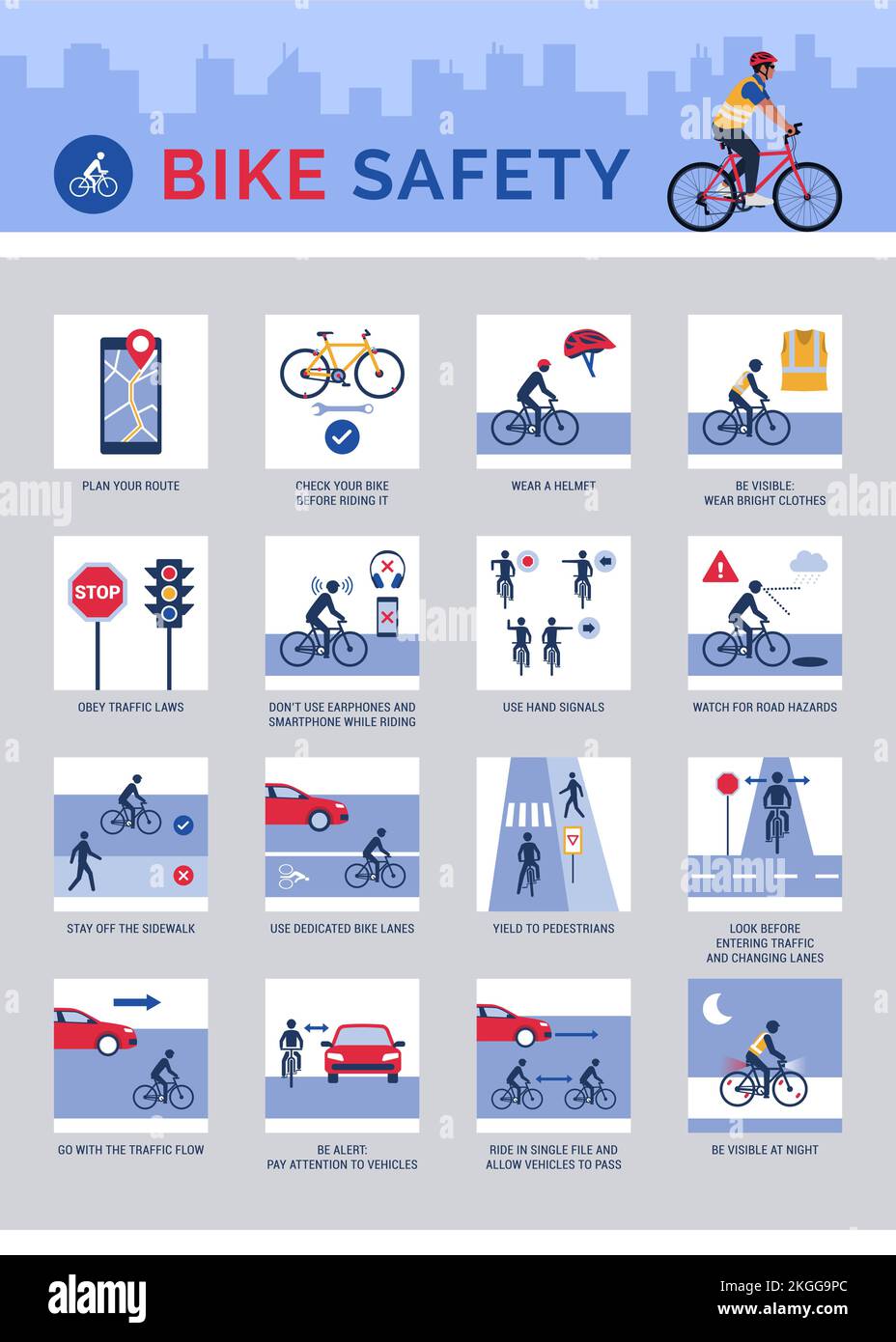 Attrezzature di sicurezza per biciclette e consigli per la sicurezza ciclistica, infografica con icone e spazio per la copia Illustrazione Vettoriale