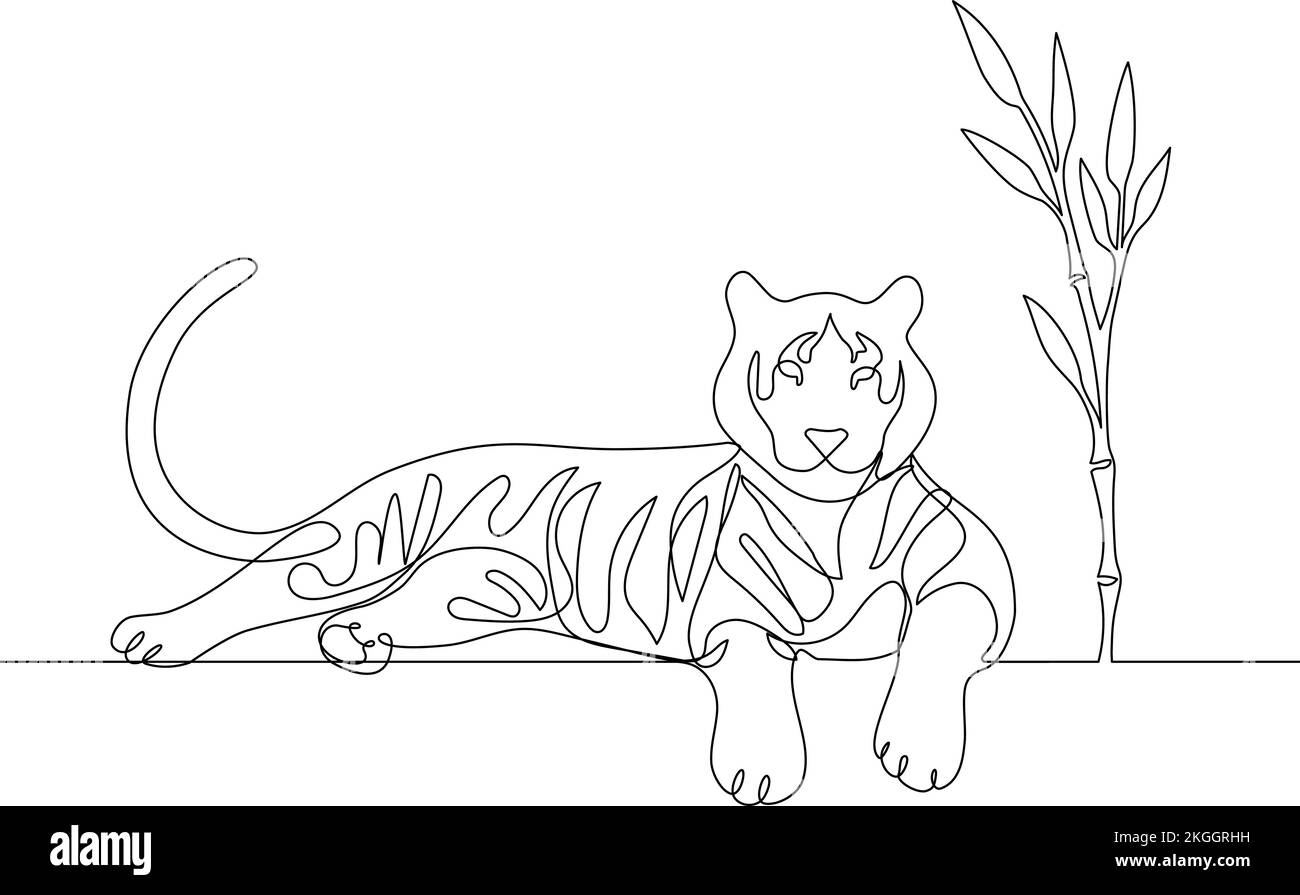 Tiger sdraiato sotto bambù sparare stile moderno linea arte vettore illustrazione. Disegno a una linea manuale Illustrazione Vettoriale
