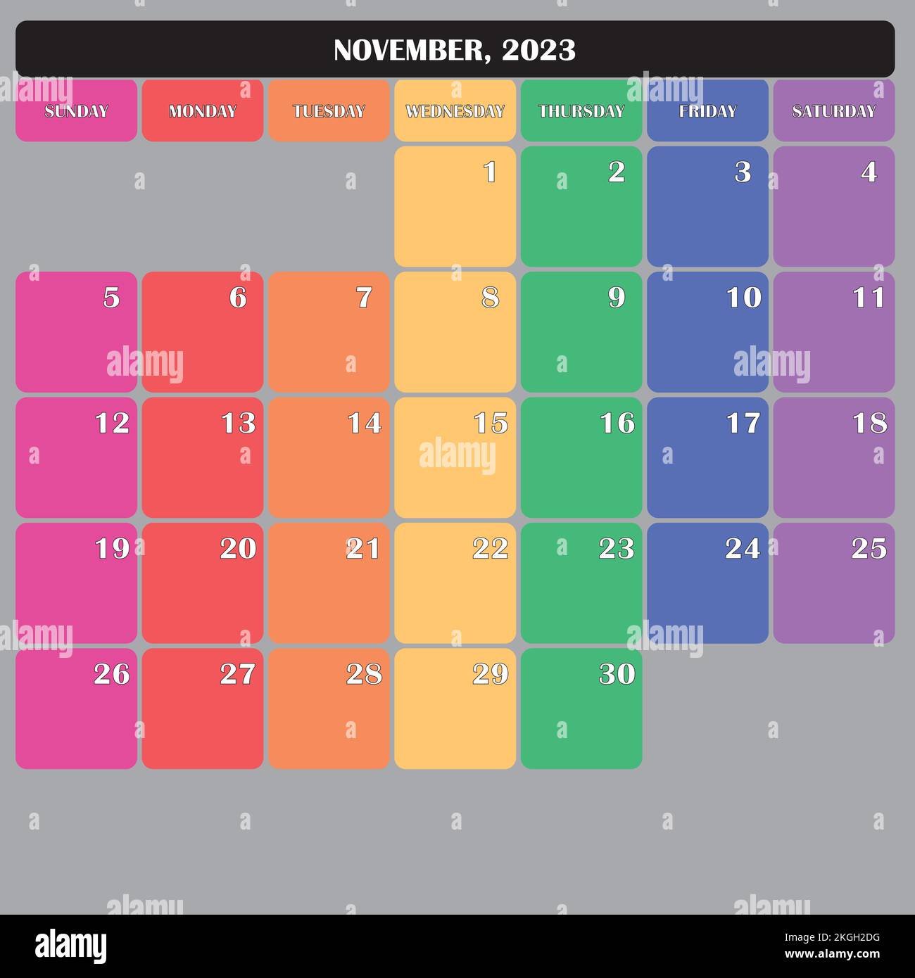 Novembre 2023 Planner Calendario grande spazio modificabile colore giorno Illustrazione Vettoriale