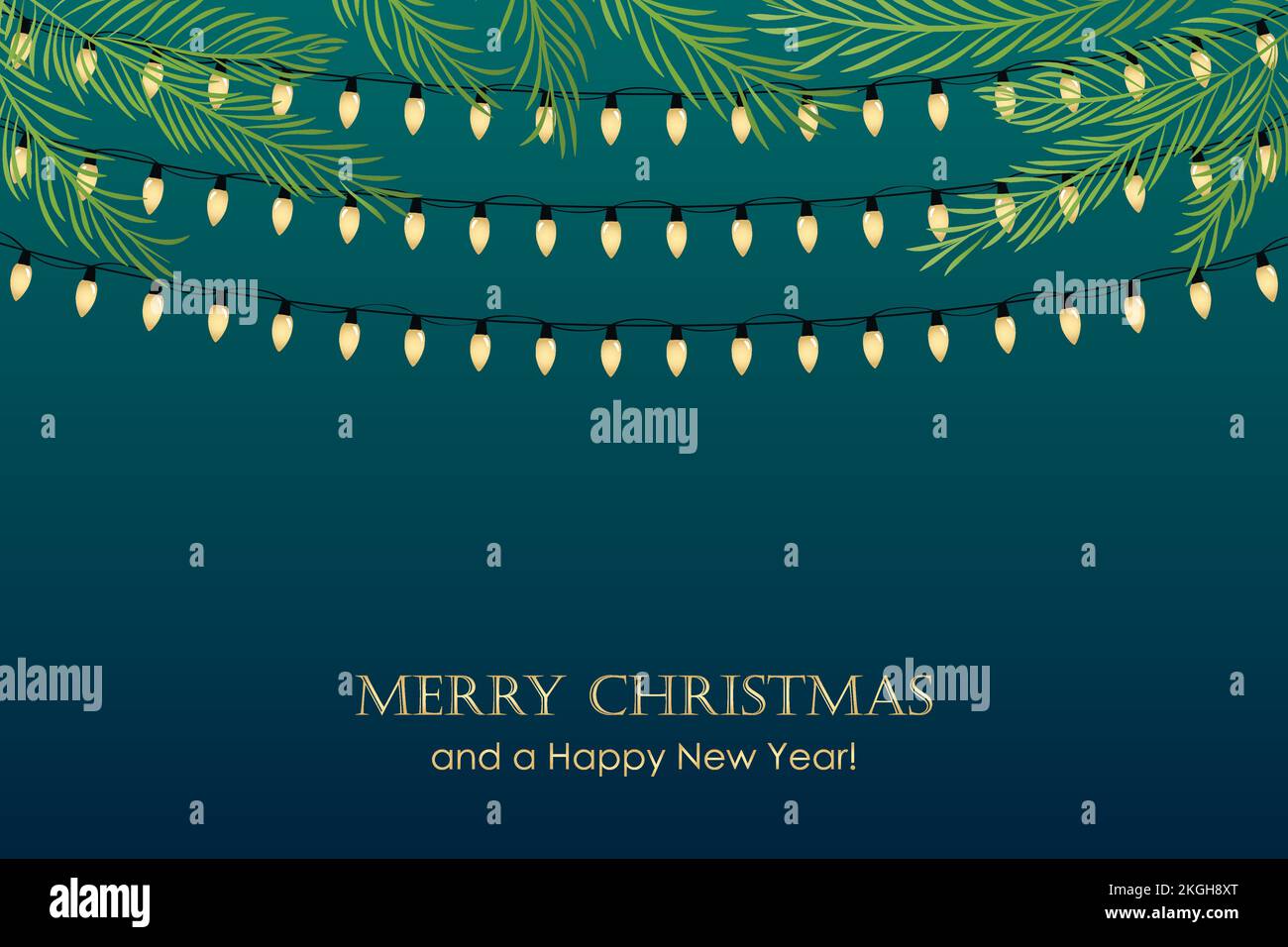 biglietto d'auguri natalizio con luci fiabesche colorate e rami di abete Illustrazione Vettoriale