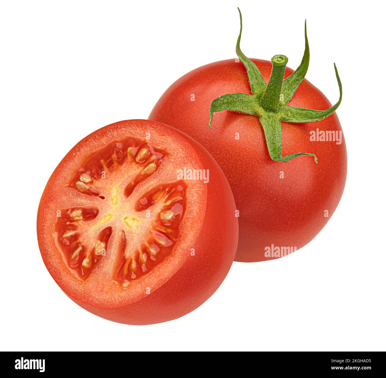 Pomodori ciliegini isolati su fondo bianco, profondità di campo piena Foto Stock