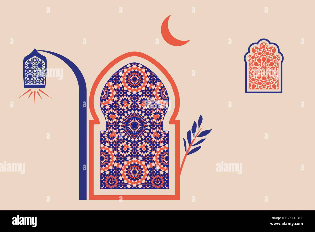 Architettura astratta poster semplice geometrico. Marocchino contemporaneo astratto geometrico. Finestre, porte e scale in stile arabo-orientale islamico. Illustrazione Vettoriale