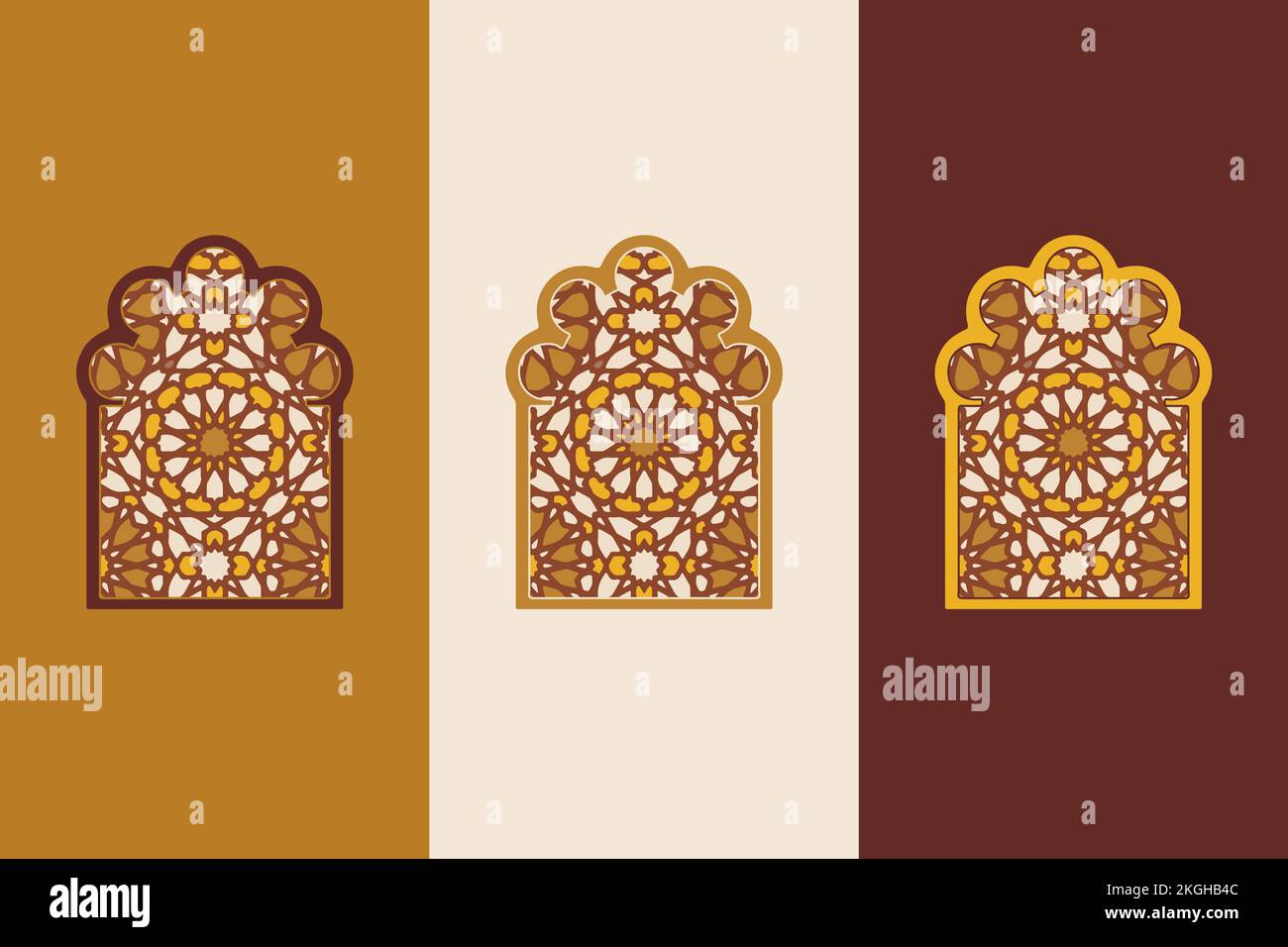 Le finestre, le porte e gli archi in stile orientale arabo islamico hanno creato un'immagine vettoriale di metà secolo. Marocchino contemporaneo astratto geometrico. Illustrazione Vettoriale