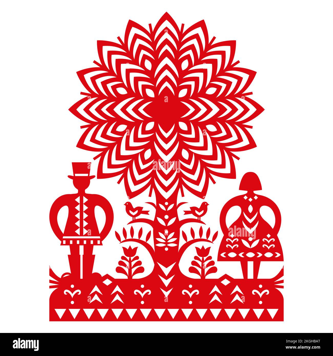 Disegno vettoriale dell'arte popolare polacca con uomo in cappello, donna e uccelli Kurpiowskie Leluje Wycinanki - disegno di tagli di carta Kurpie in rosso Illustrazione Vettoriale
