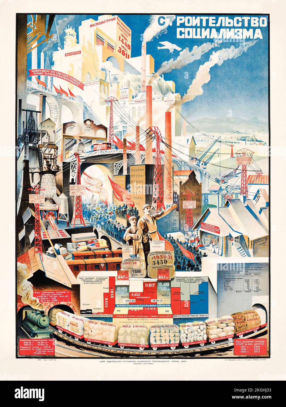 Nikolai Kotov - COSTRUIRE LA SOCIETÀ SOCIALISTA - Poster del comunismo russo d'epoca, 1927 Foto Stock