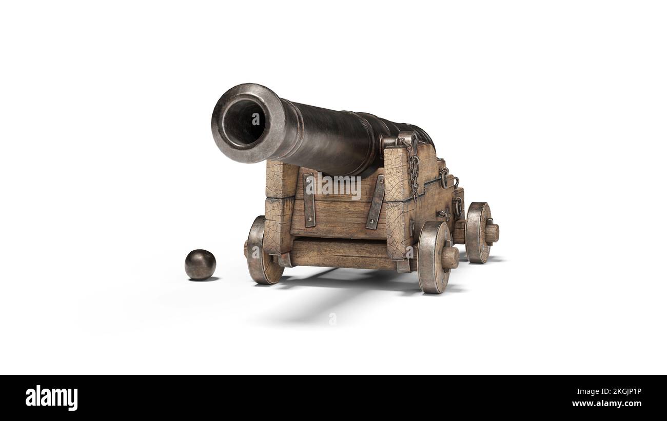 Antico cannone su ruote con palle isolate su sfondo bianco con percorso di ritaglio Foto Stock