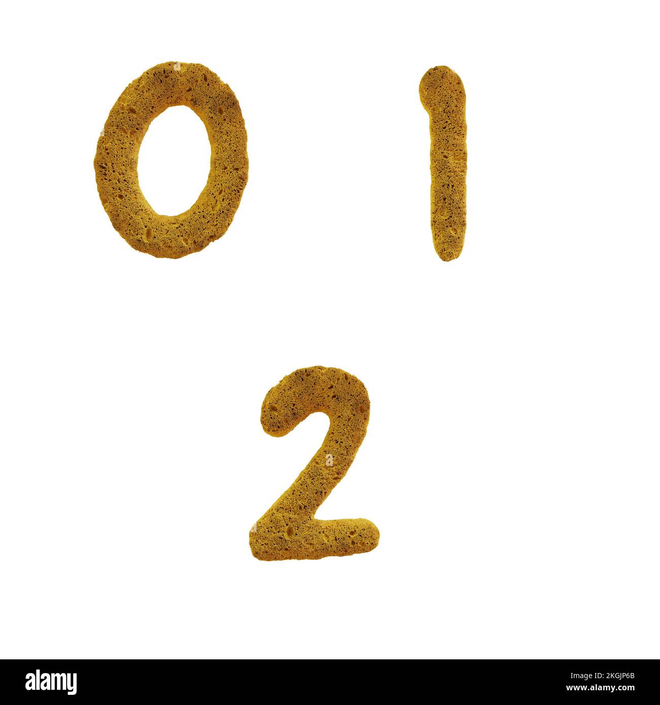 3D rappresentazione dell'alfabeto maiuscolo della spugna gialla - cifre 0- 2 Foto Stock