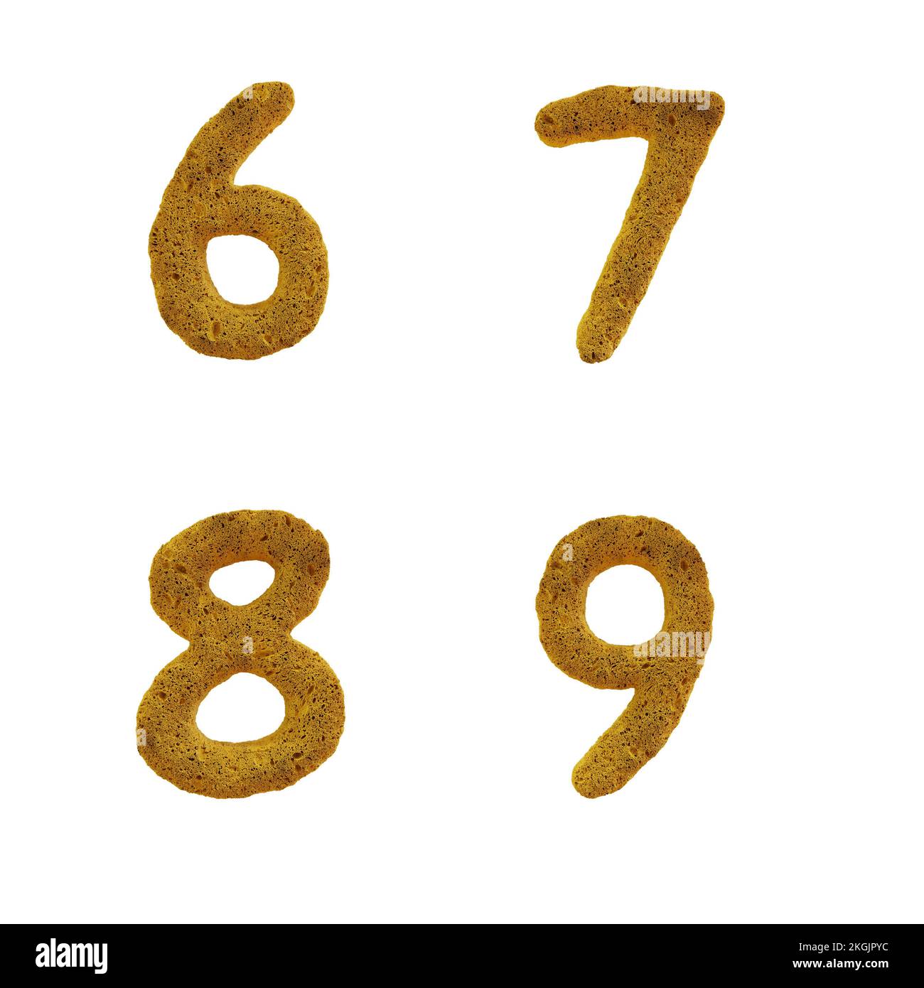 3D rappresentazione dell'alfabeto maiuscolo della spugna gialla - cifre 6- 9 Foto Stock