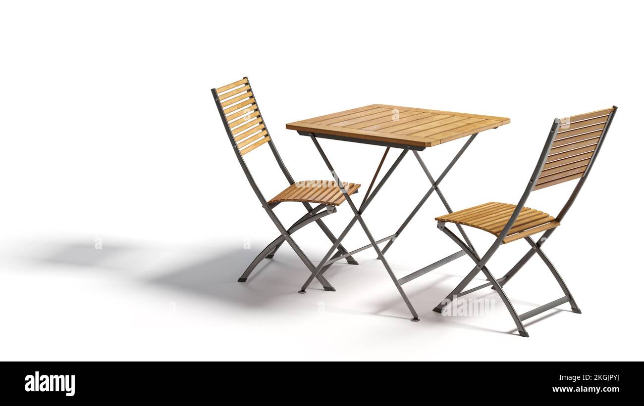 Tavolo in legno con due sedie. Isolato su sfondo bianco con percorso di ritaglio Foto Stock