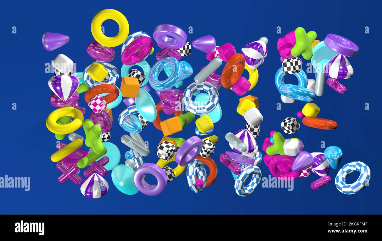 Sfondo astratto formato da un gruppo di forme geometriche, cubi, cilindri, croci e anelli che galleggiano su uno sfondo blu scuro. 3D Illustrazione Foto Stock