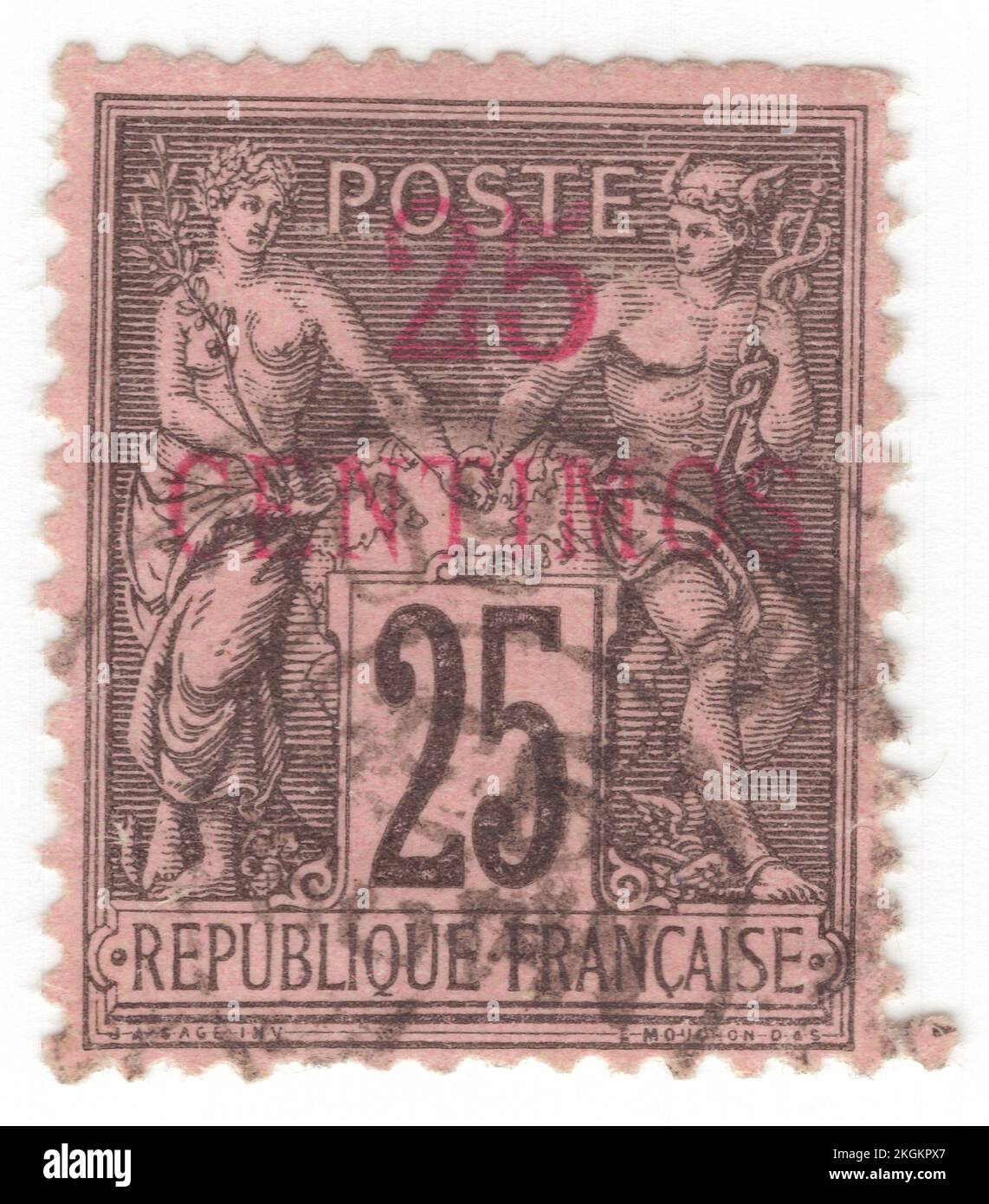 MAROCCO FRANCESE - 1891: Un 25 centimos su 25 centimes nero su francobollo rosa raffigurante la coppia del Dio antico e della dea come pace allegoria e commercio. I francobolli della Francia hanno sovrattaccato le cifre e le parole in rosso. Capitale — Rabat. Il Marocco francese fu un protettorato francese dal 1912 al 1956 quando, insieme alle zone spagnole e tangeri del Marocco, divenne il paese indipendente, il Marocco. Nella zona internazionale di Tangeri, nel nord del Marocco, sono stati sviati i francobolli “Tanger”. "Tipo di saggio" (anche denominato "Pace e Commercio") Foto Stock