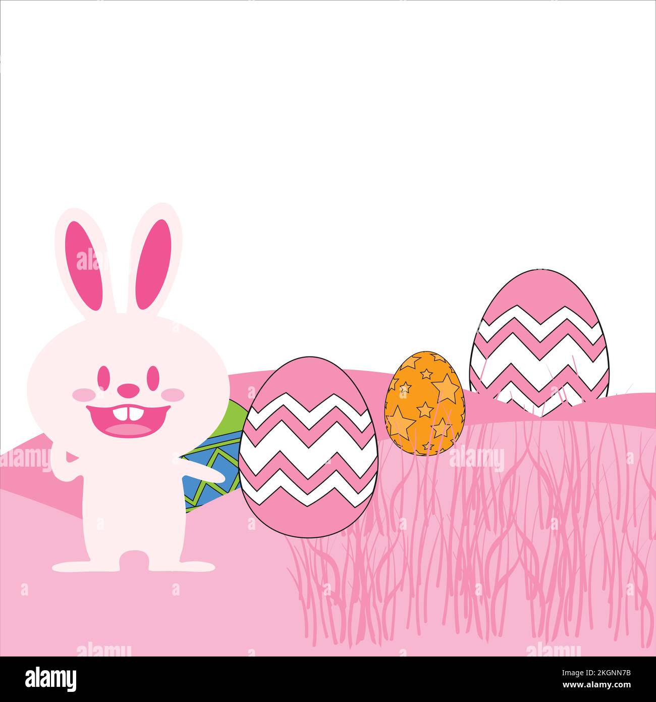 Cute divertente osservare il coniglietto di Pasqua disegno con i lotti delle uova di Pasqua, disegno della bandiera del partito della stella, Pasqua felice Illustrazione Vettoriale