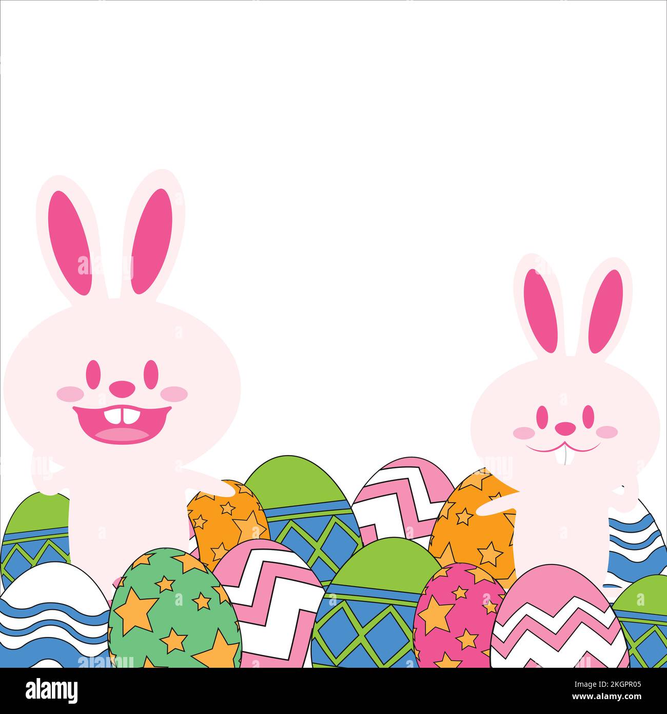 Coniglietti di Pasqua felici su sfondo bianco, coniglietti di Pasqua felici con uova multicolore su sfondo bianco, coniglietti rosa belli. Bella Multi Illustrazione Vettoriale