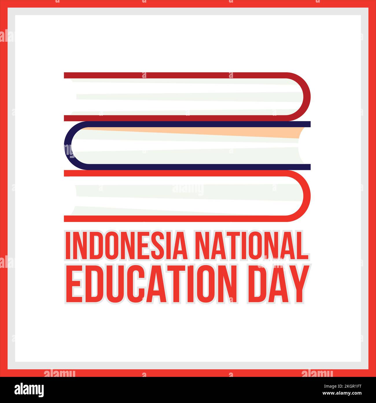 Giornata Nazionale Indonesiana dell'Educazione con effetto testo di colore rosso e cornice rossa, libri multicolore su sfondo bianco, Educazione giorno Vector illustrratio Illustrazione Vettoriale