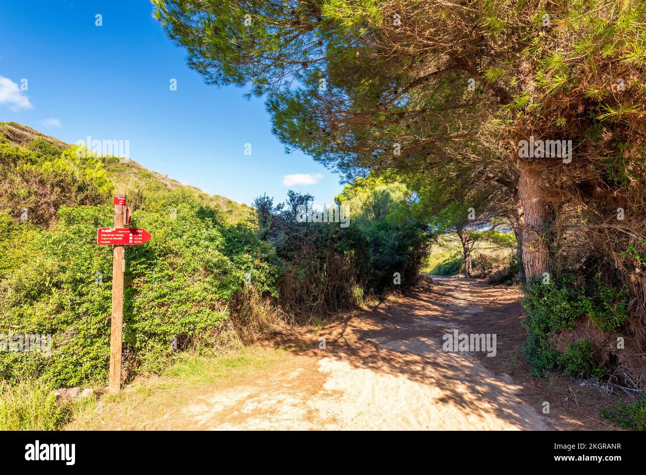 Spagna, Isole Baleari, Minorca, segno direzionale lungo il sentiero escursionistico Cami de Cavalls in estate Foto Stock