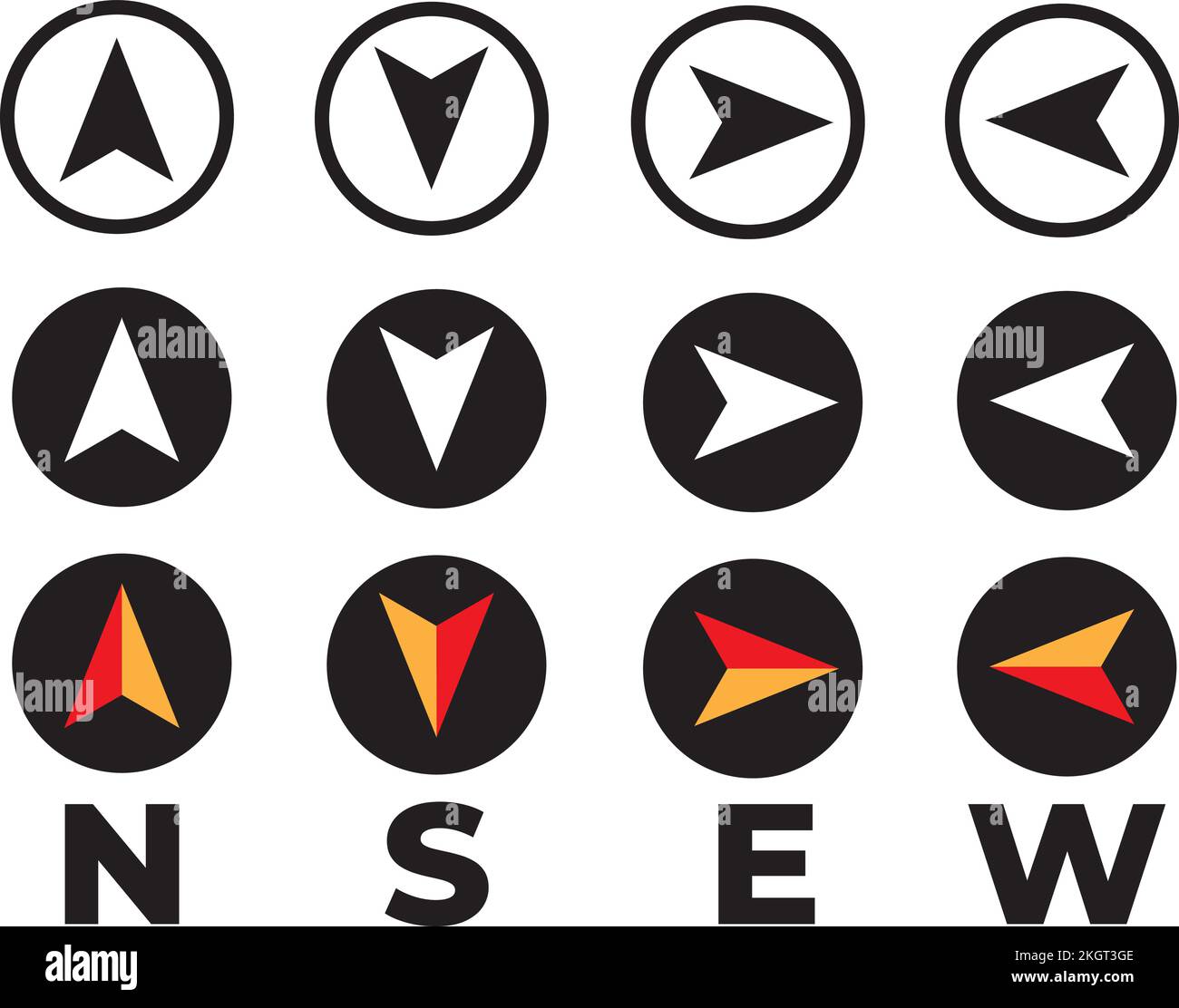 Un'icona della bussola vettoriale in direzione nord, sud, est e ovest. Simbolo della mappa con frecce Illustrazione Vettoriale