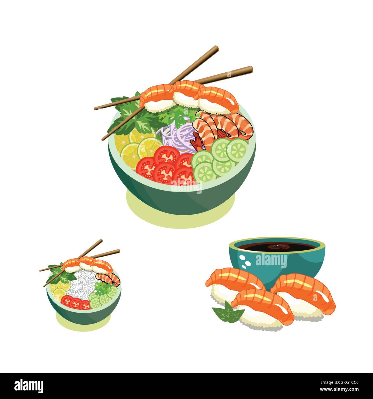 Collezione di cibo per la cultura asiatica di tre ciotole. Cibo asiatico con riso al vapore, gamberetti, sushi e chopsticks. disegno vettoriale insalata di verdure con cetriolo Illustrazione Vettoriale