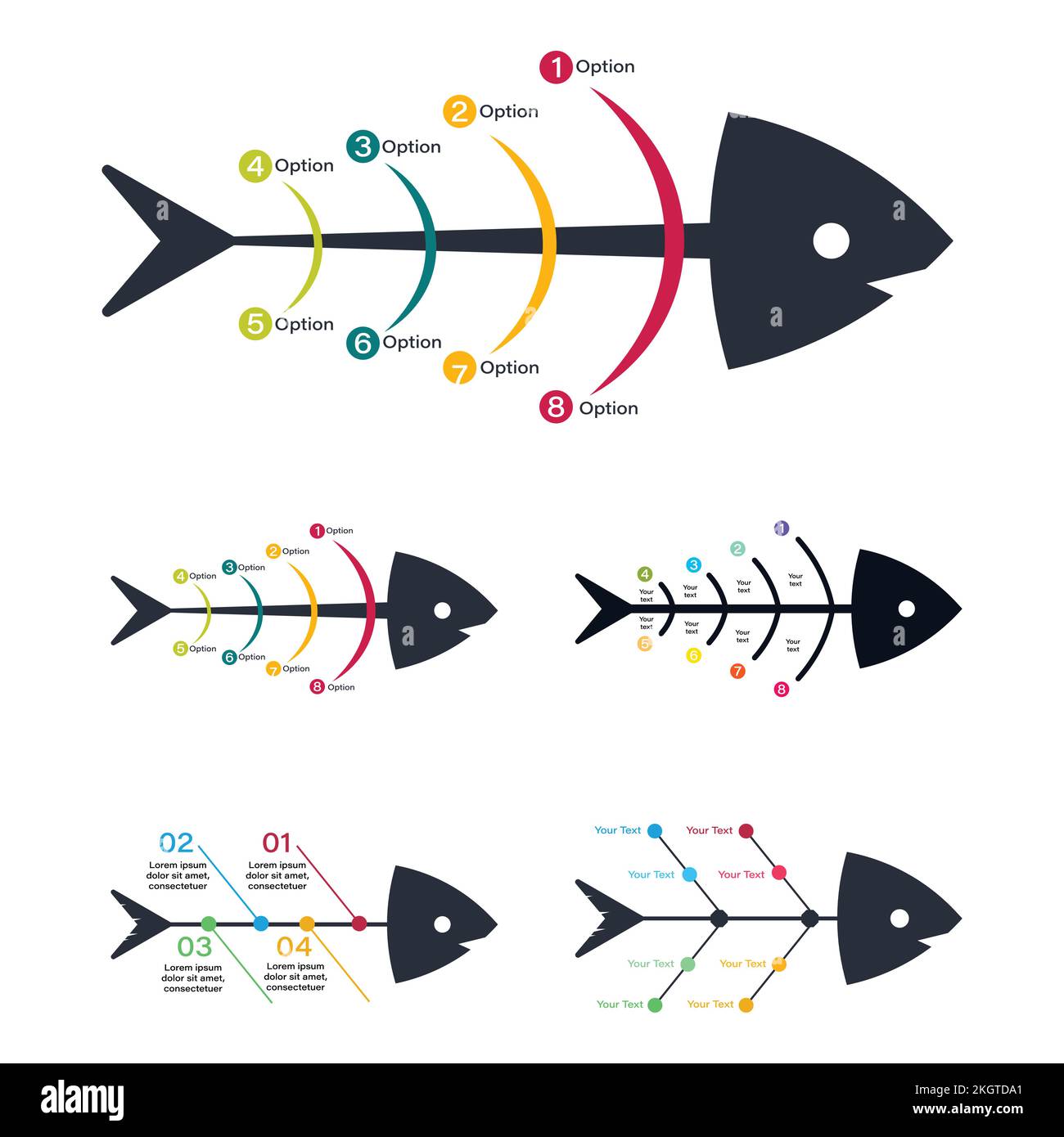 Collezione di design infografico Fishbone con slot per testo colorato. Design infografico su sfondo bianco, eleganti elementi infografici per le aziende Illustrazione Vettoriale