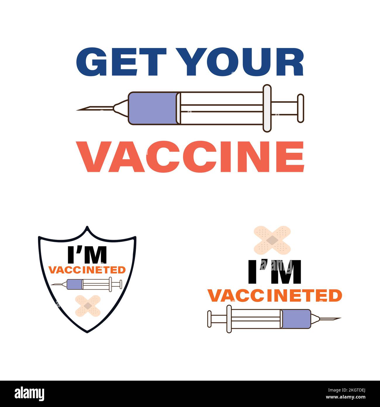 Raccolta del disegno della campagna di vaccinazione. Siringa per vaccino con bendaggio. Modello di conferma vaccinato con siringa e vettore della forma dello scudo. Illustrazione Vettoriale