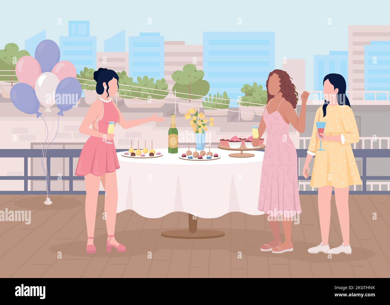 Donne che comunicano a partito piatto colore vettore illustrazione Illustrazione Vettoriale