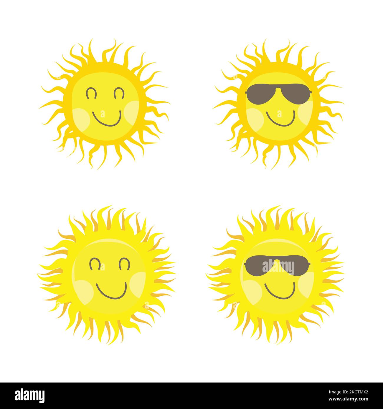 Adesivo solare di forma rotonda e colore giallo. Sole carino con viso sorridente e occhiali da sole freschi. Il sole che esce dal disegno vettoriale del sole per la m. Sociale Illustrazione Vettoriale